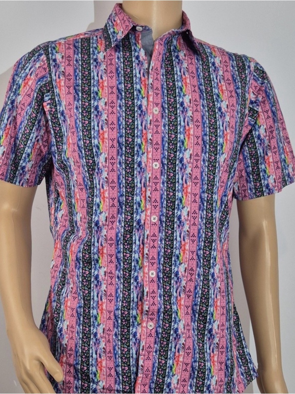 CREMIEUX PREMIUM DENIM Men's Shirt Size XXL Stretch Pink Blue Short Sleeve